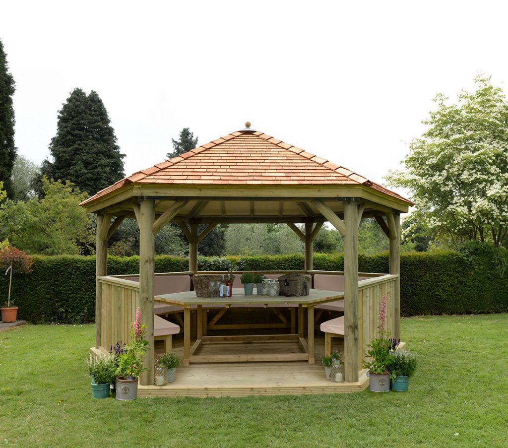 4.7m Premium Hexagonal Wooden Garden Gazebo with Cedar Roof – Furnished