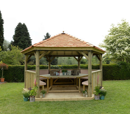 4.7m Premium Hexagonal Wooden Garden Gazebo with Cedar Roof – Furnished