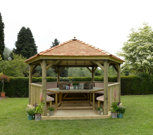 4.7m Premium Hexagonal Wooden Garden Gazebo with Cedar Roof – Furnished