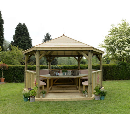 4.7m Premium Hexagonal Wooden Garden Gazebo with Timber Roof – Furnished