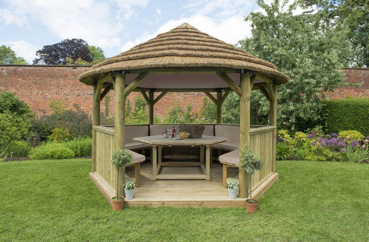 4m Premium Hexagonal Wooden Garden Gazebo with Thatched Roof – Furnished