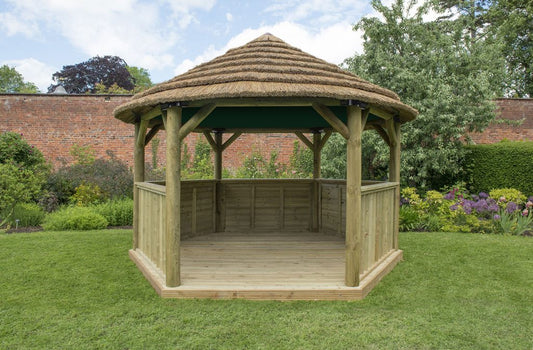 4m Premium Hexagonal Wooden Garden Gazebo with Thatched Roof – With Lining