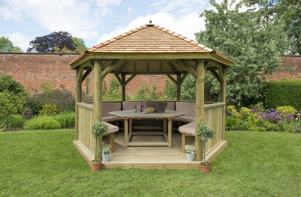 4m Premium Hexagonal Wooden Garden Gazebo with Cedar Roof – Furnished