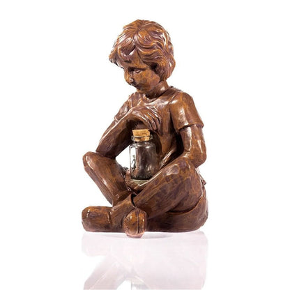 Solar Boy with Firefly Jar Garden Ornament LED Lantern Statue