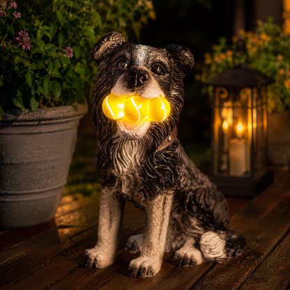 Solar Dog Garden Ornament Light Up Tennis Balls Puppy Statue