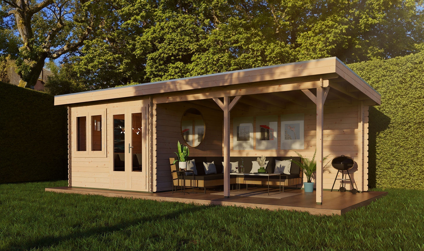 Pent 3m x 3m Log Cabin with 4m Canopy