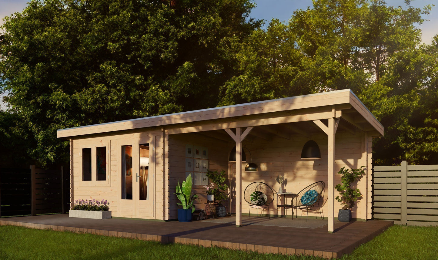 Pent 3m x 3m Log Cabin with 3m Canopy