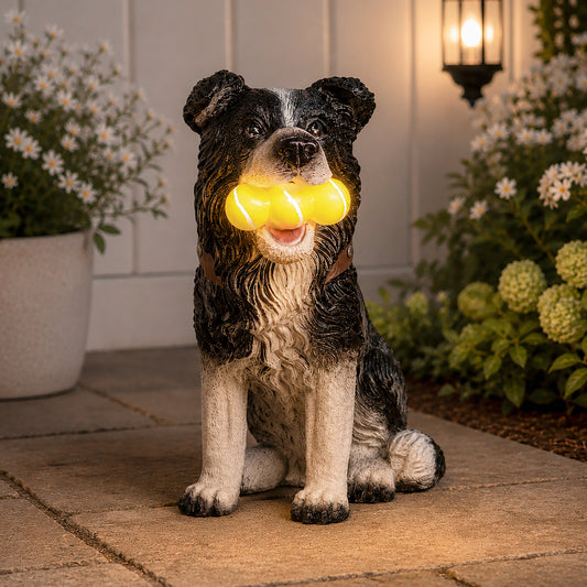 Solar Dog Garden Ornament Light Up Tennis Balls Puppy Statue