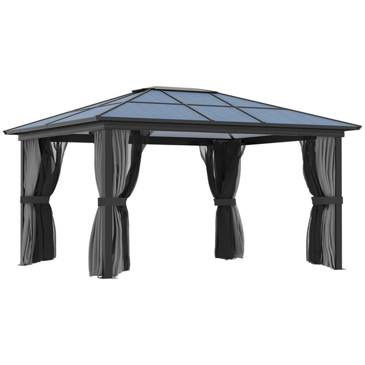 Outsunny 3.6 x 4m Hardtop Gazebo with UV Resistant Polycarbonate Roof & Aluminium Frame, Garden Pavilion with Mosquito Netting and Curtains Black