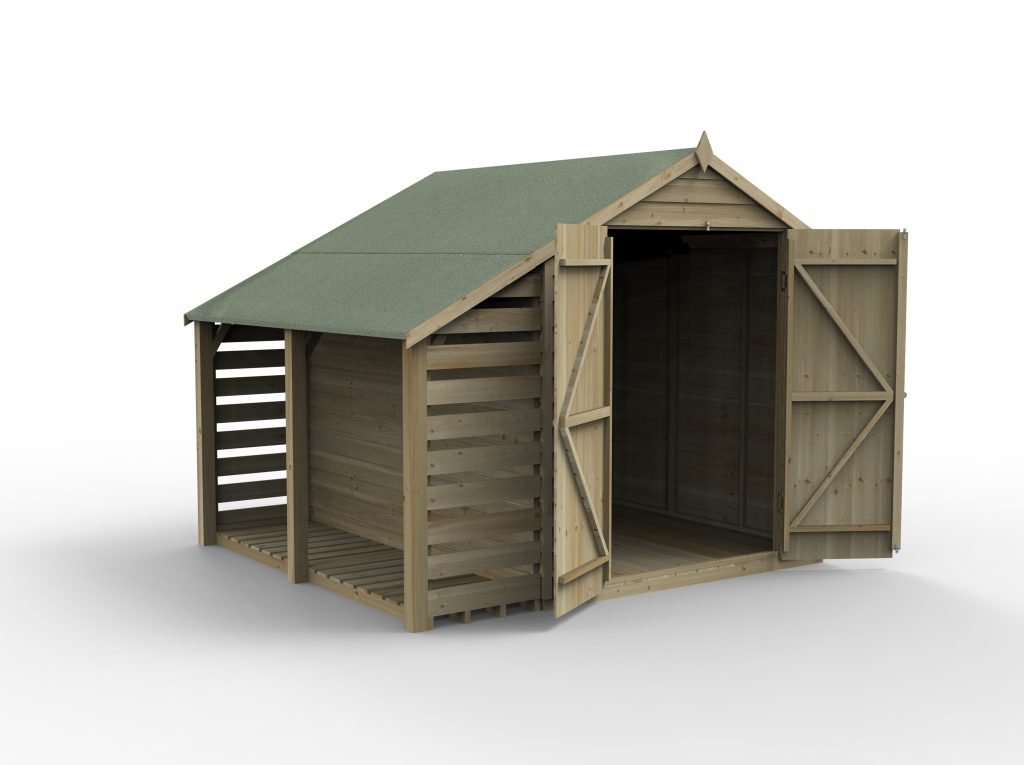 Overlap Pressure Treated 6x8 Apex Shed - Double Door No Window with Lean To