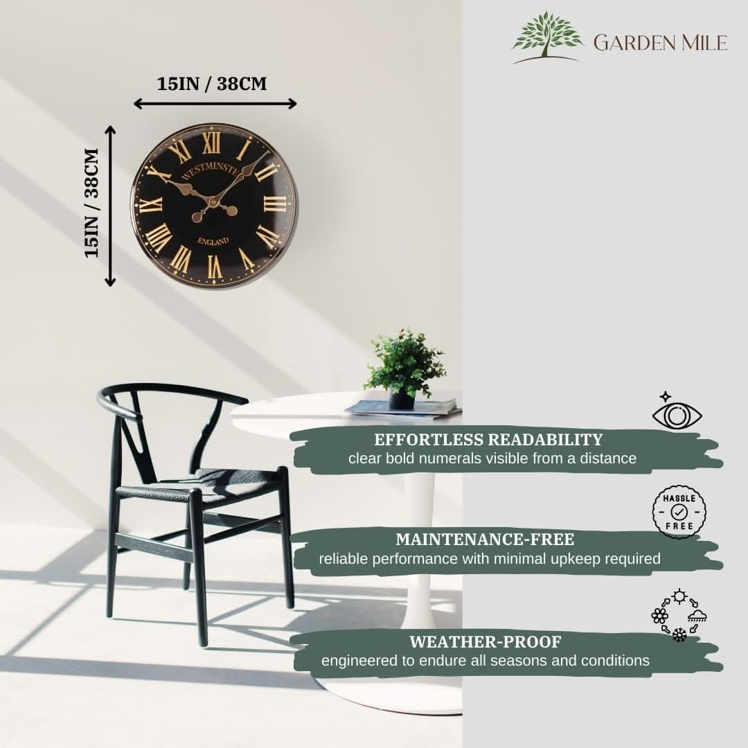 38cm Black Westminster Garden Wall Clock with Thermometer