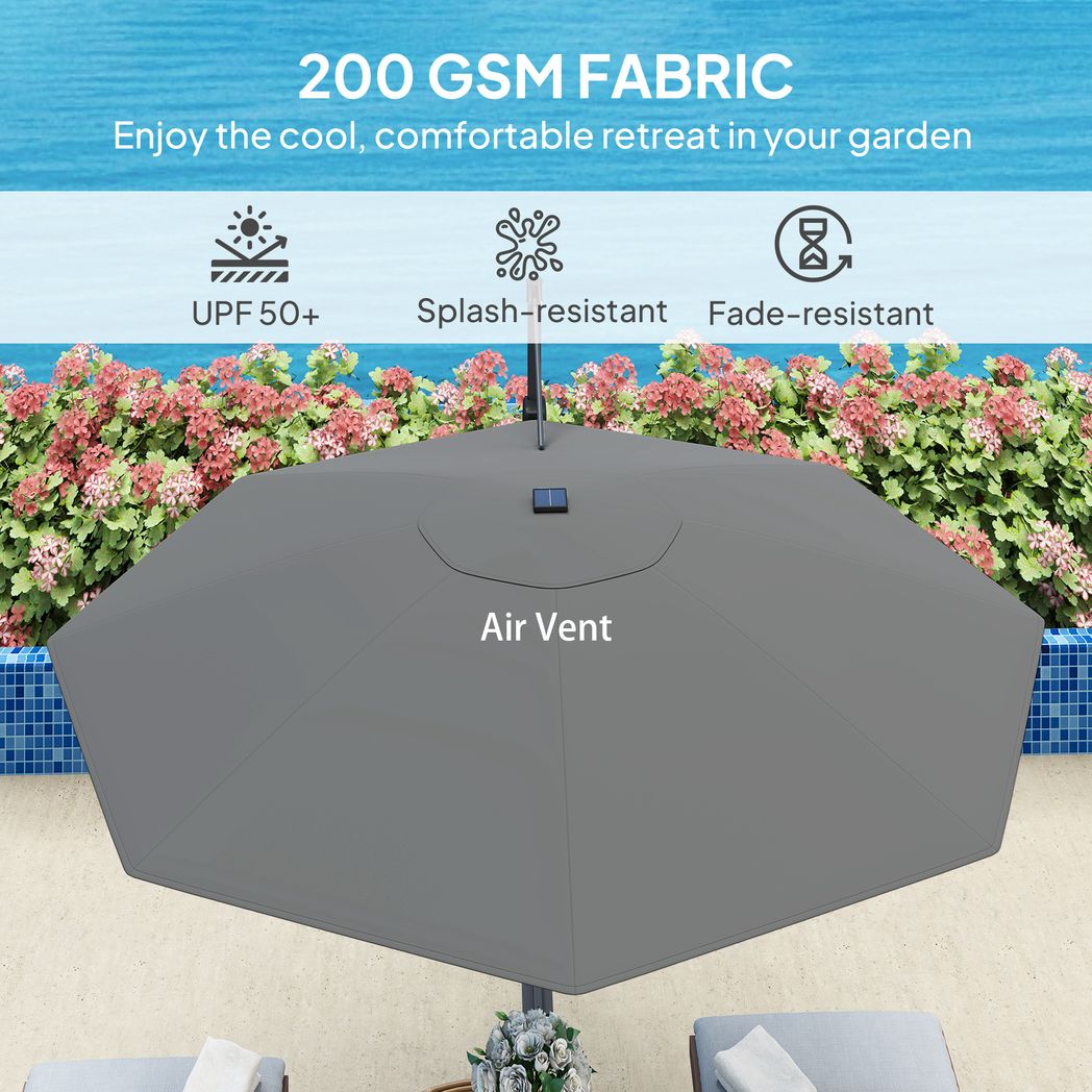 Outsunny 3(m) Garden Parasol w/ Lights, Crank Handle & Cross Base
