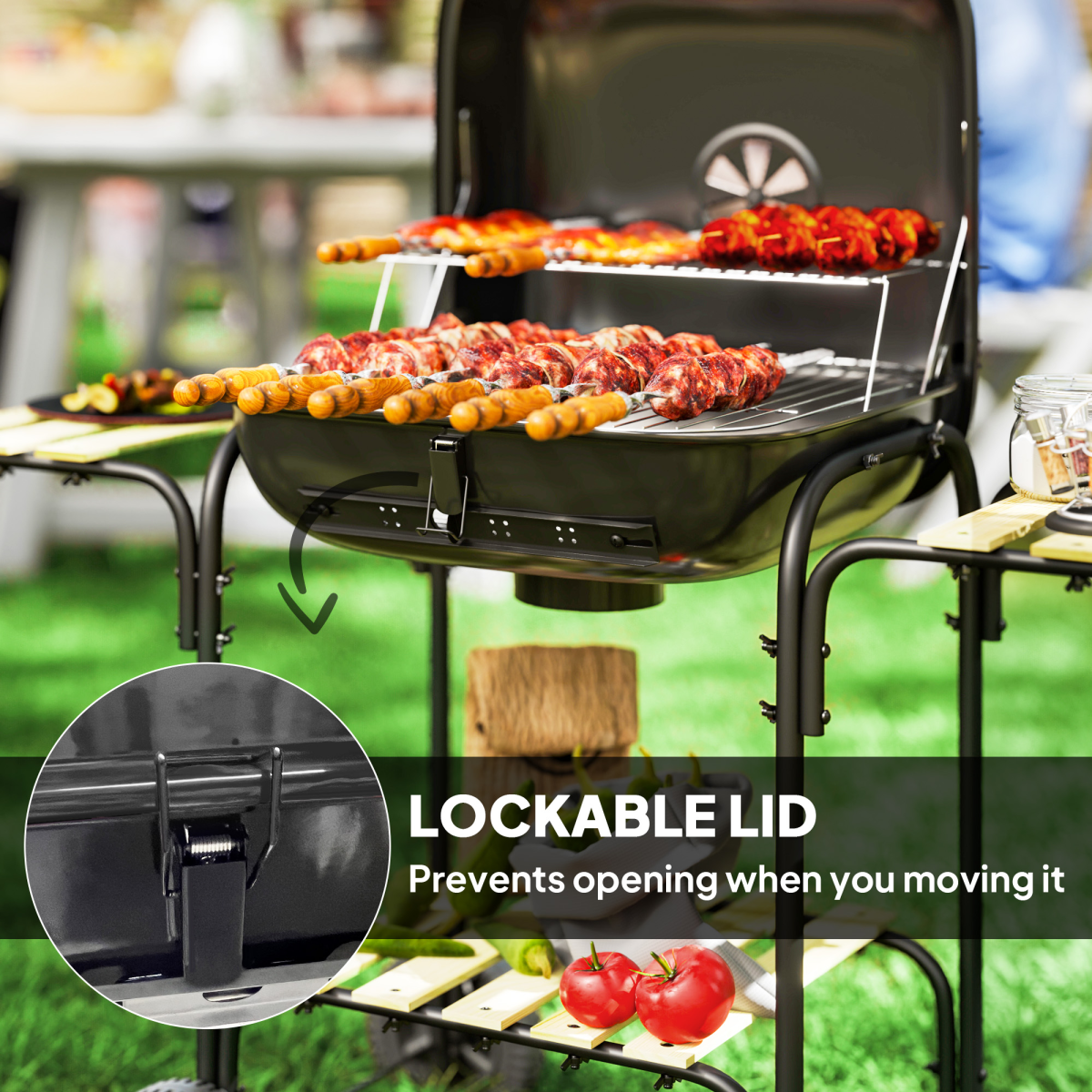 Outsunny Charcoal Barbecue Grill Portable BBQ with Lockable Lid, Vent