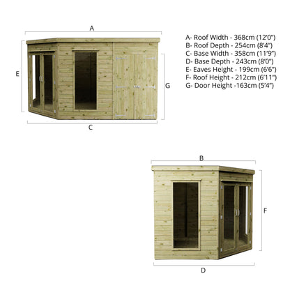 Premium Corner Summerhouse with side Shed 8'x12'