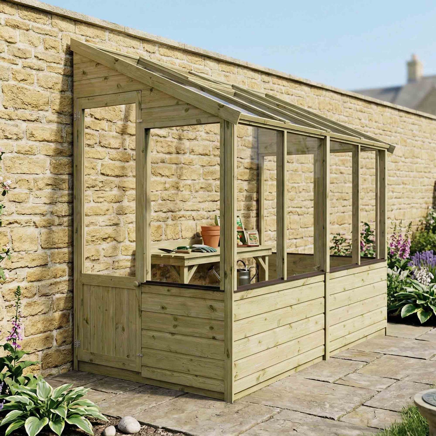 Evesham Wooden Lean-To Greenhouse 8'x4'