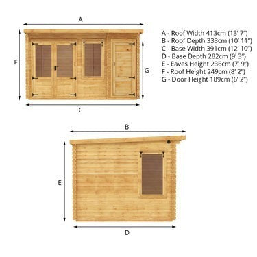 Mercia Pent Log Cabin 19mm with Side Shed - 4.1m x 3m