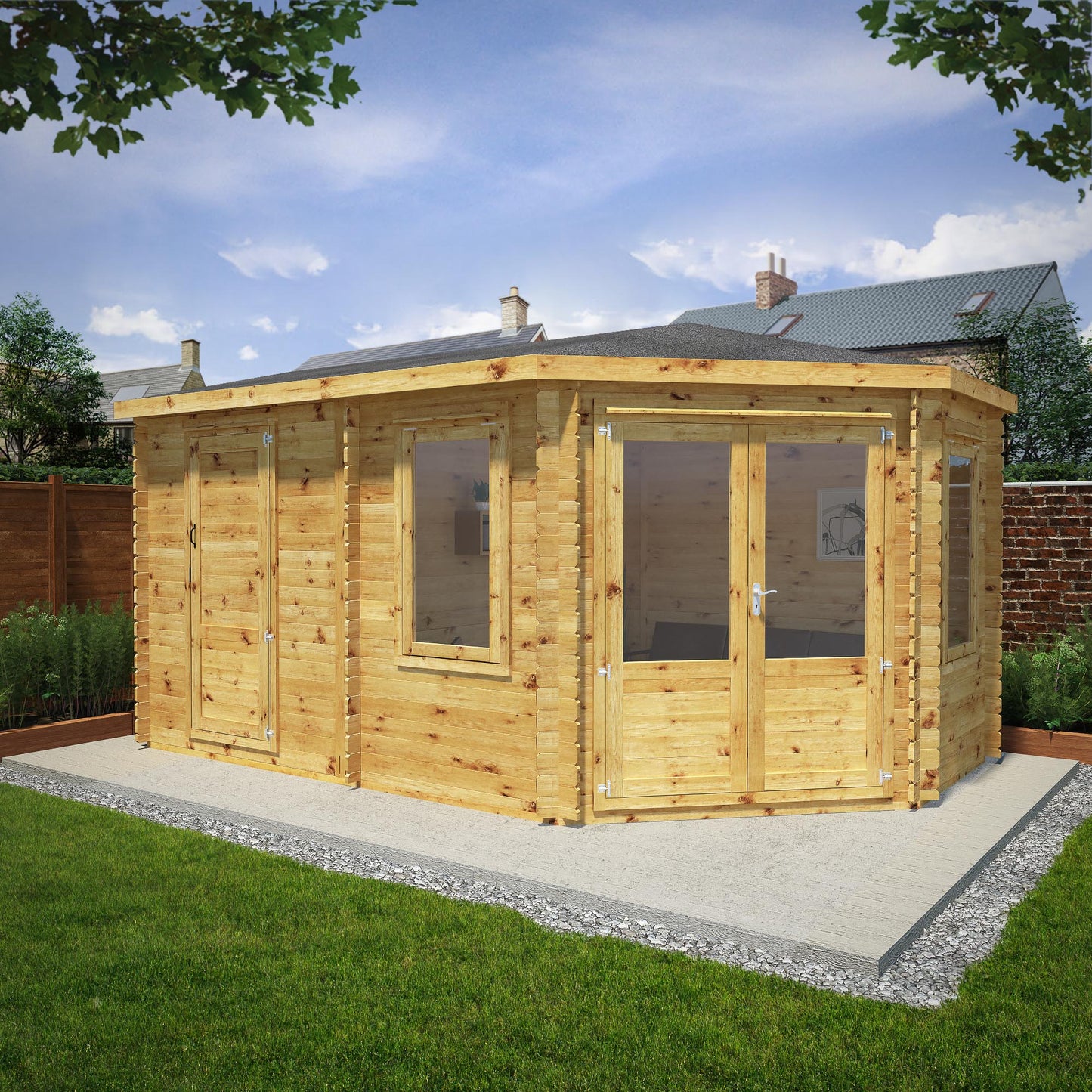 Mercia Corner Lodge Plus side shed 44mm - Double Glazed 5m x 3m