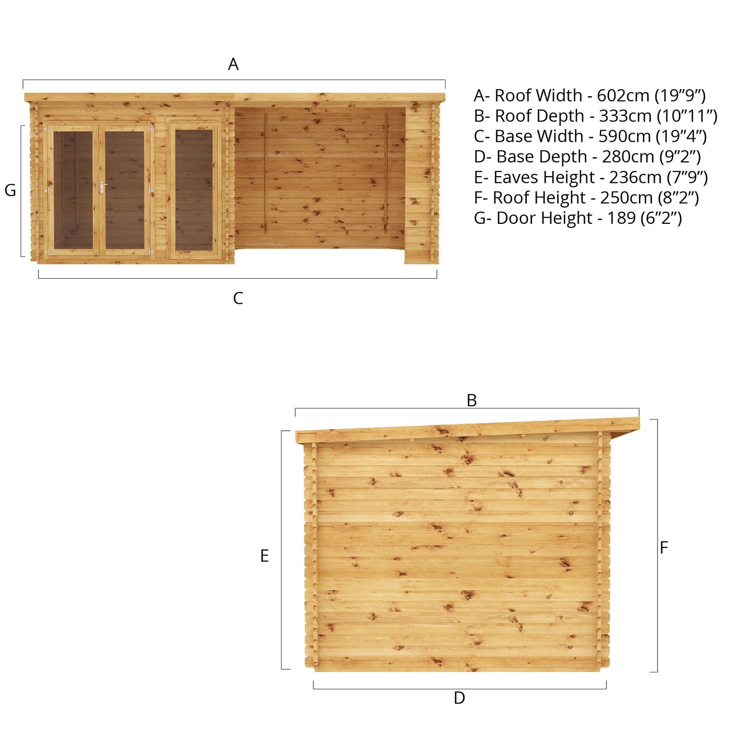 Mercia 6m x 3m Studio Pent Log Cabin With Patio Area - 44mm