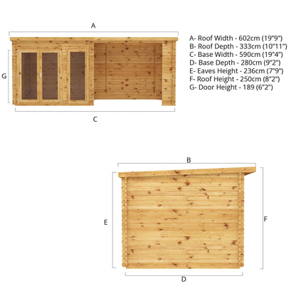 Mercia 6m x 3m Studio Pent Log Cabin With Patio Area - 44mm