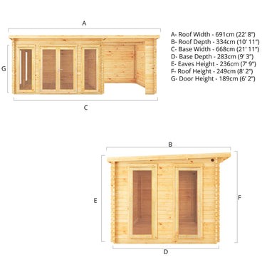 Mercia 7m x 3m Studio Pent Log Cabin With Patio Area - 34mm