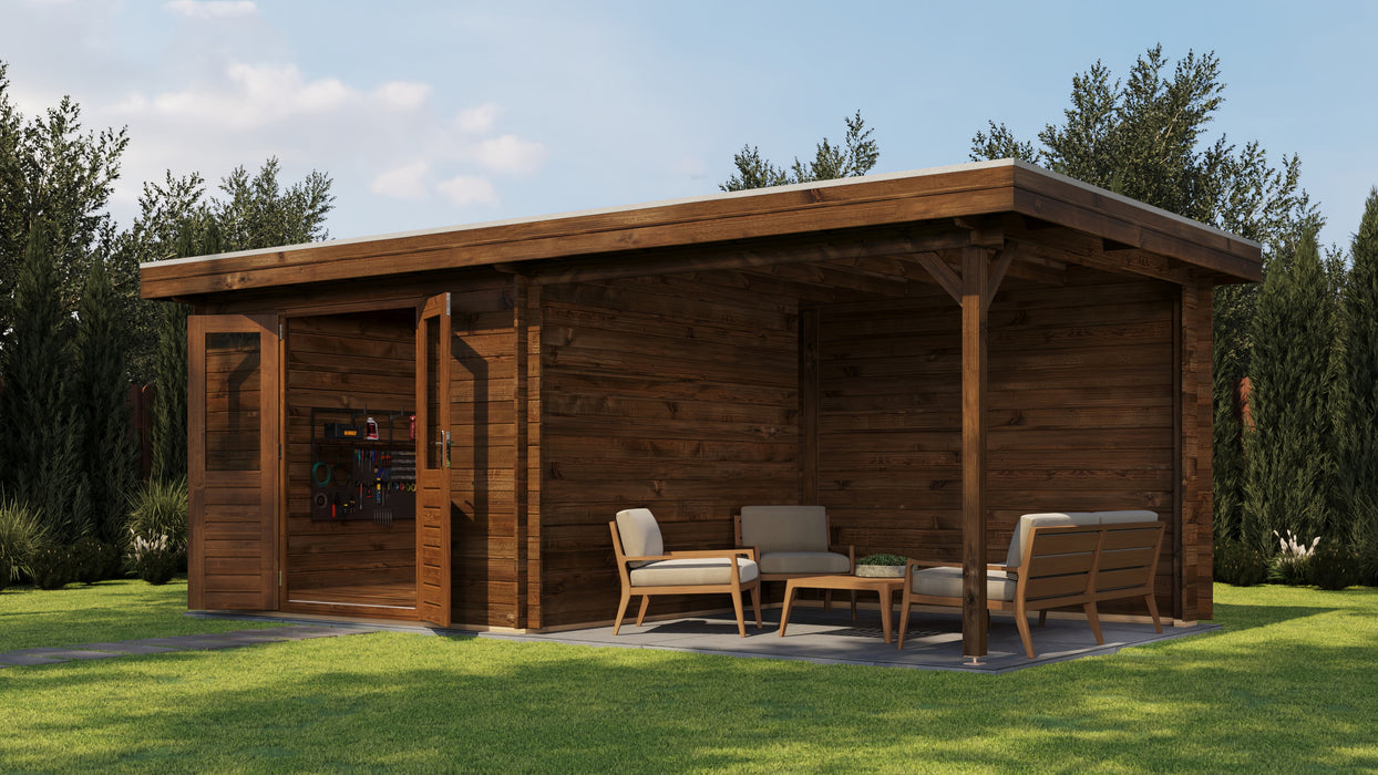 Lugarde Select - Tyne Flat Roof Log Cabin 300x300cm with 300cm Canopy