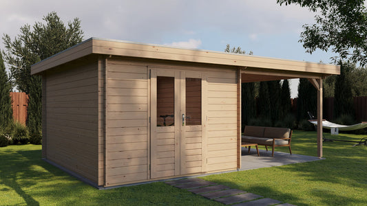 Lugarde Select - Oxford Flat Roof Log Cabin 300x400cm with 300cm Canopy