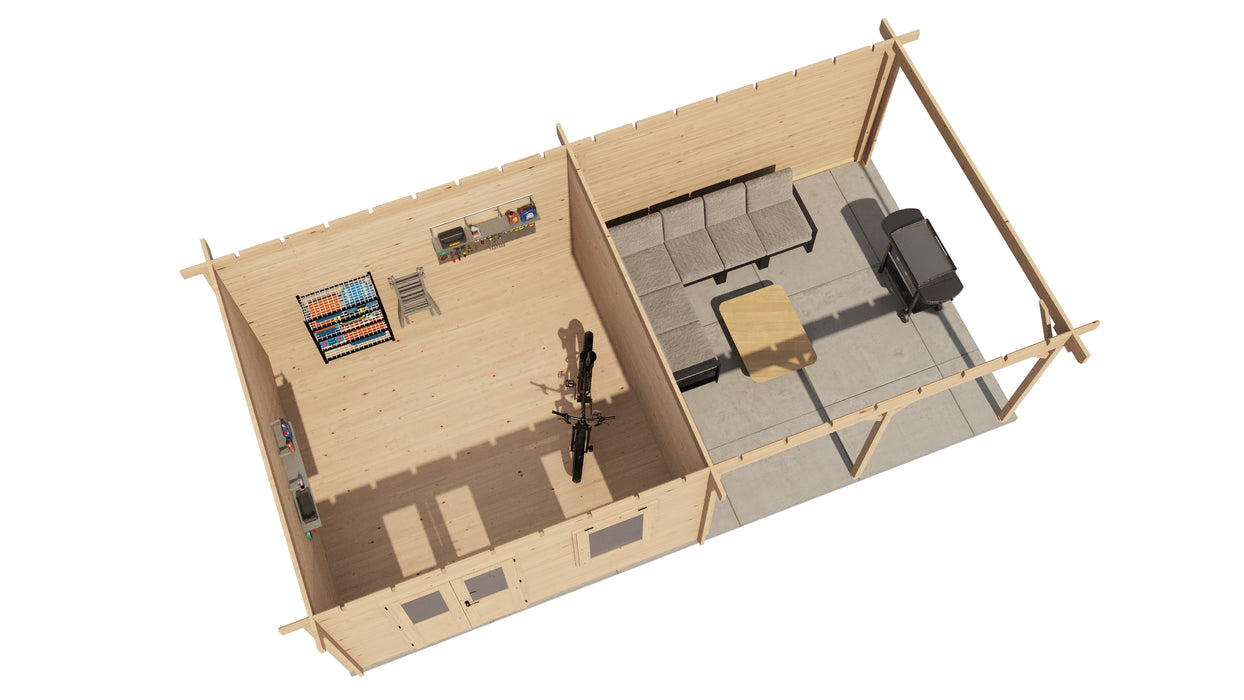 Lugarde Select - Malvern Flat Roof Log Cabin 400x400cm with 400cm Canopy