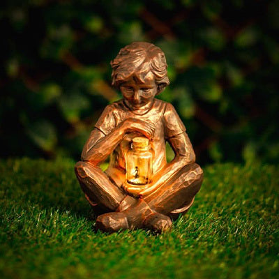 Solar Boy with Firefly Jar Garden Ornament LED Lantern Statue