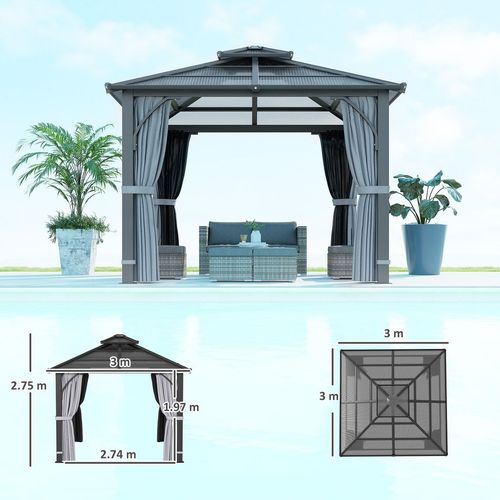 Outsunny 3x3(m) Hardtop Gazebo with Polycarbonate Roof & Sides