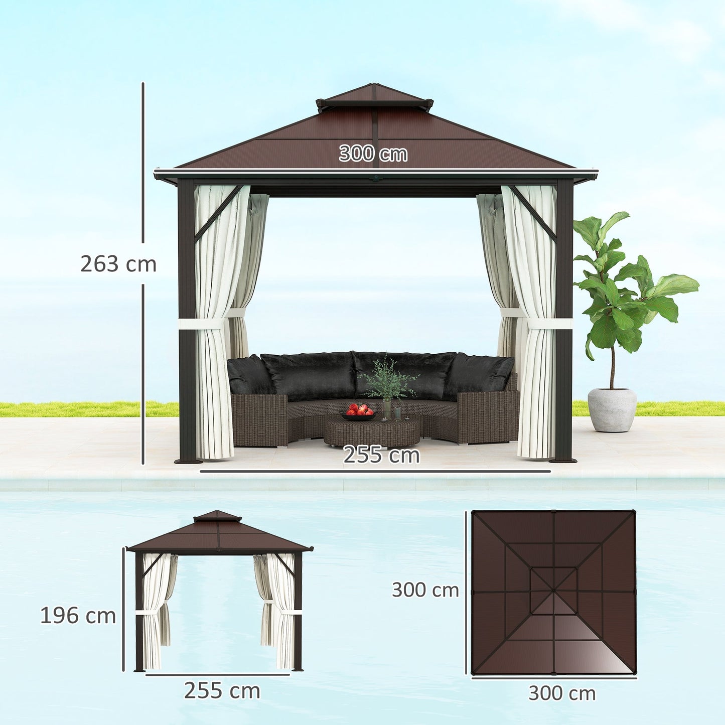 Outsunny 3x3(m) Polycarbonate Hardtop Gazebo with Aluminium Frame