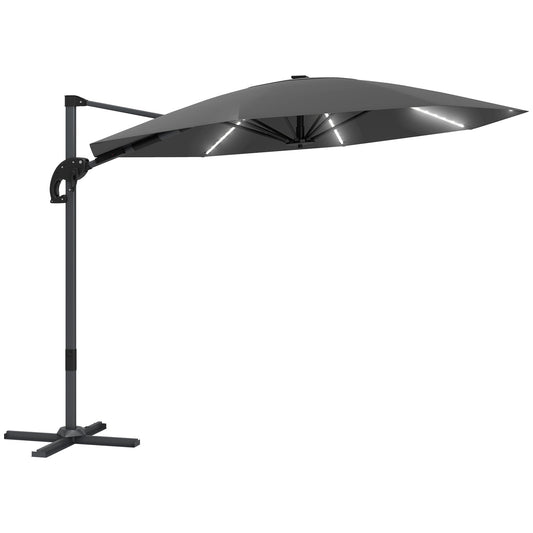 Outsunny 3(m) Garden Parasol w/ Lights, Crank Handle & Cross Base