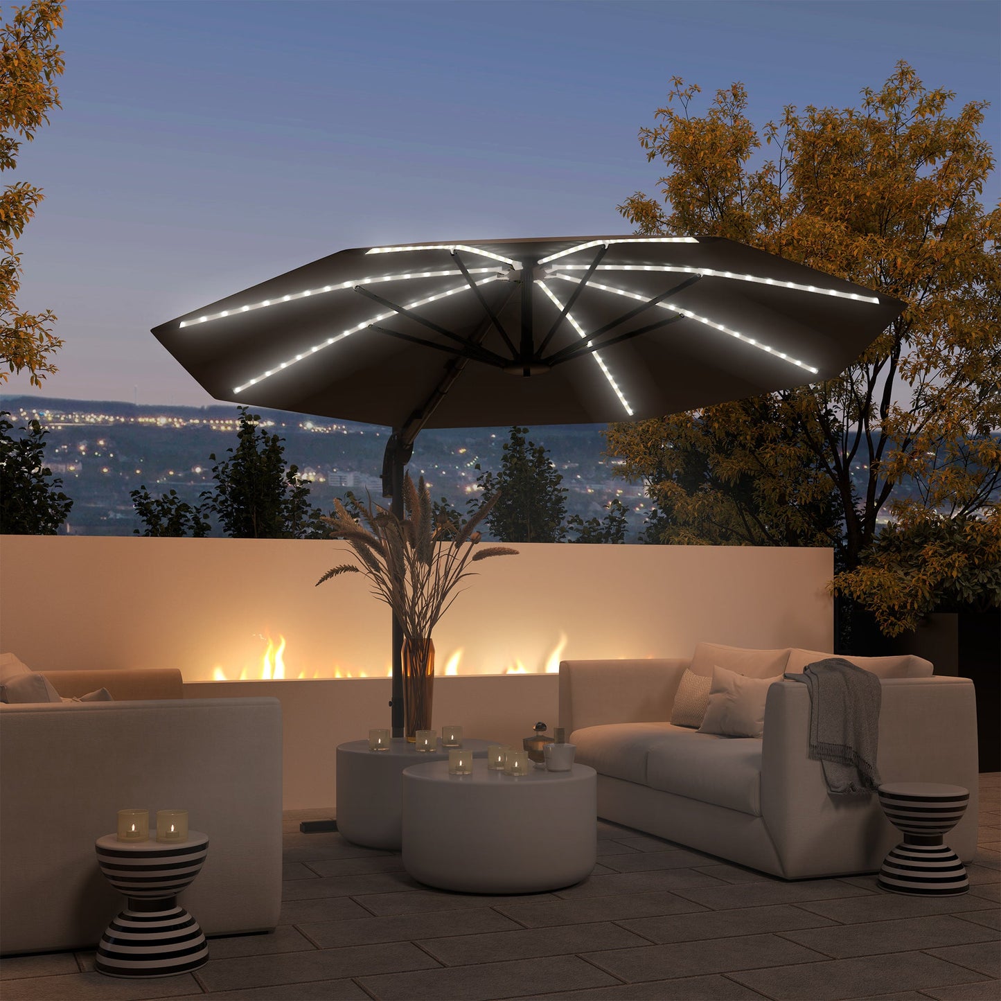 Outsunny 3(m) Garden Parasol w/ Lights, Crank Handle & Cross Base