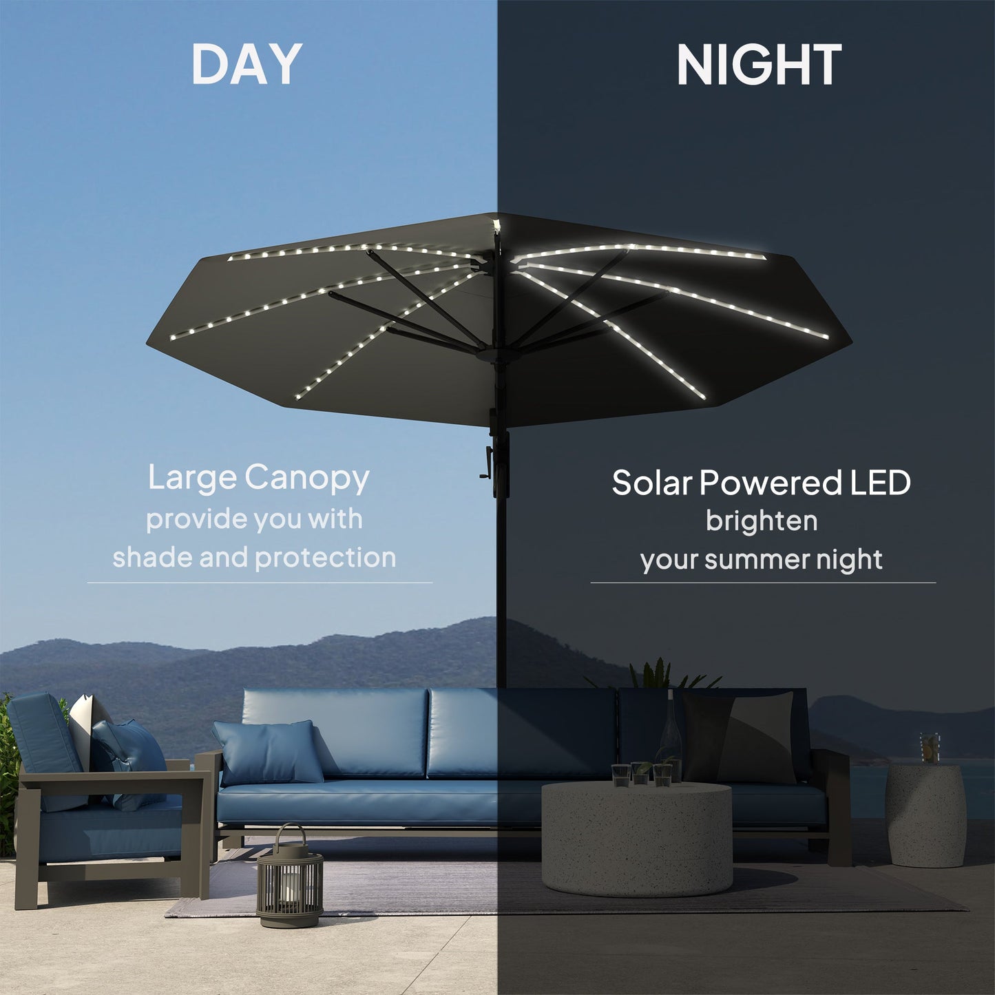 Outsunny 3(m) Garden Parasol w/ Lights, Crank Handle & Cross Base
