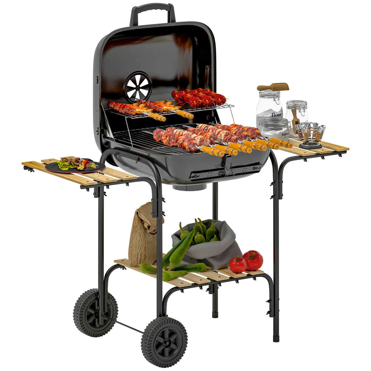 Outsunny Charcoal Barbecue Grill Portable BBQ with Lockable Lid, Vent