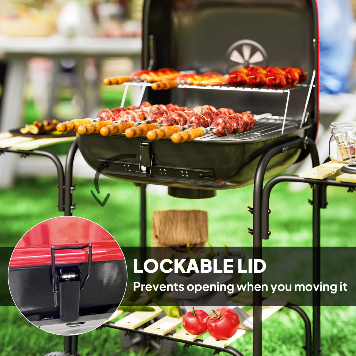 Outsunny Charcoal Barbecue Grill Portable BBQ with Lockable Lid, Vent