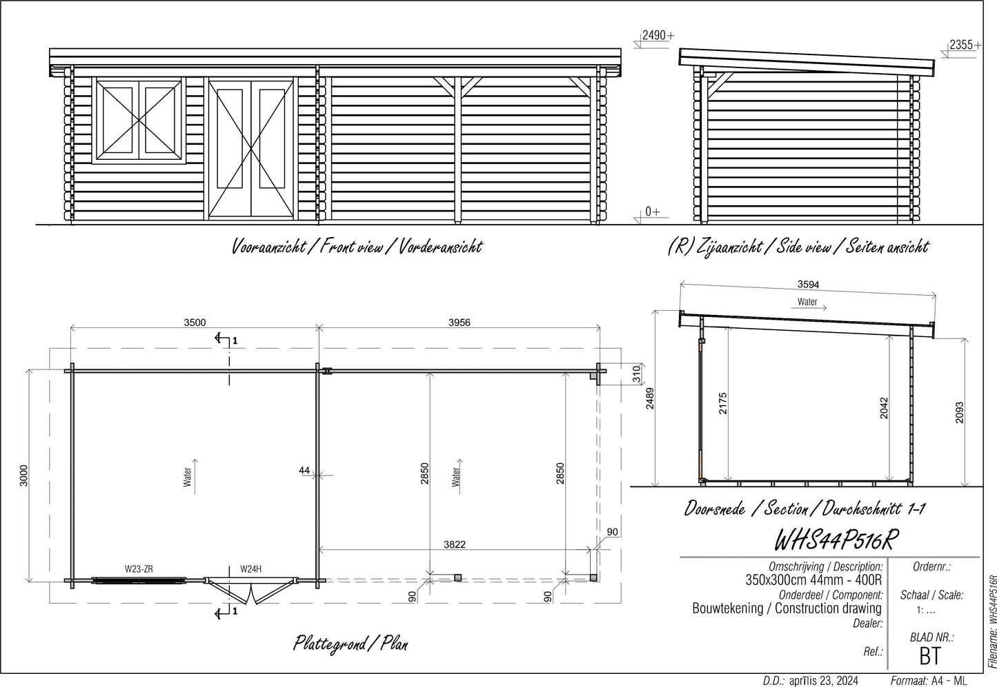 Pent 3m x 3m Log Cabin with 3m Canopy