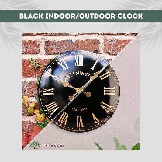 38cm Black Westminster Garden Wall Clock with Thermometer
