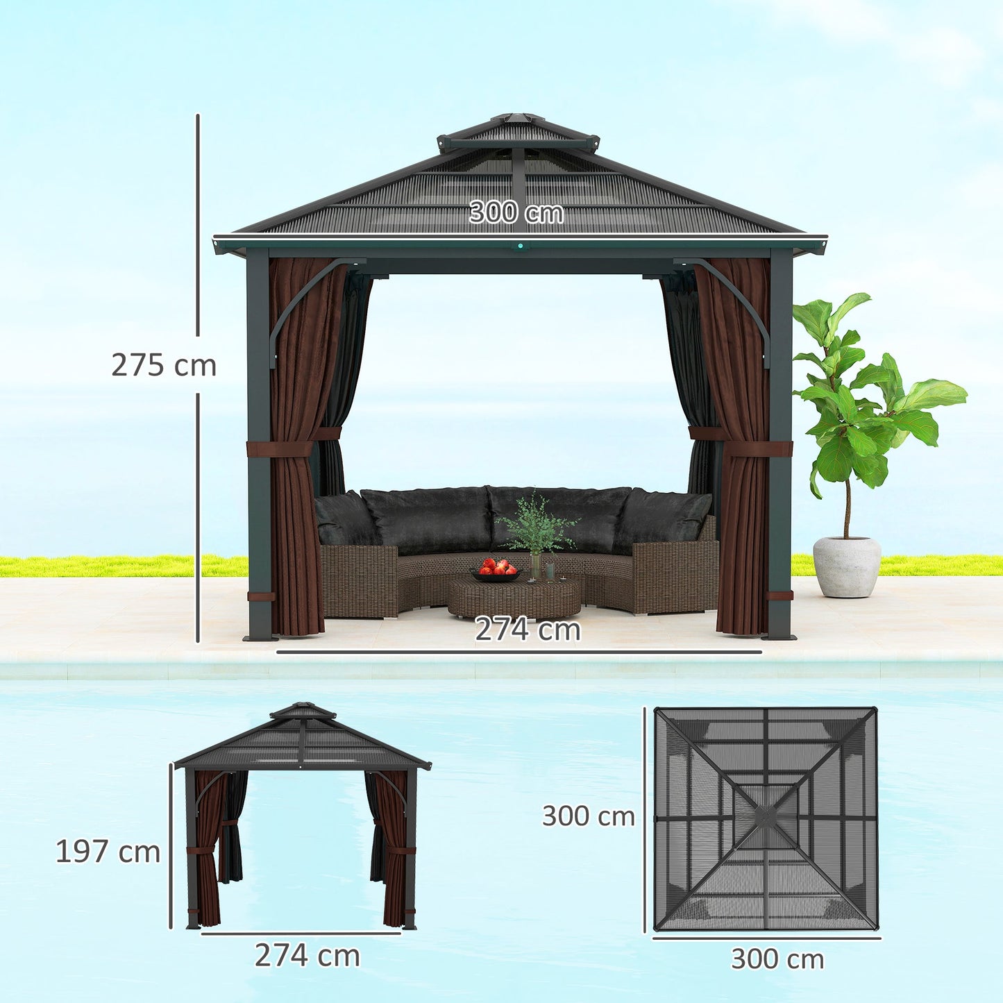Outsunny 3x3(m) Hardtop Gazebo with Polycarbonate Roof & Sides