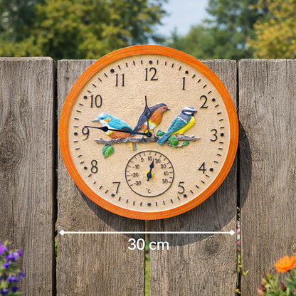 30cm Vintage Bird Wall Clock and Thermometer Weatherproof