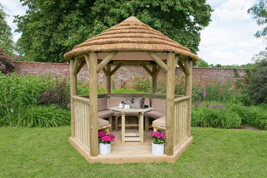 3m Premium Hexagonal Wooden Garden Gazebo with Thatched Roof – Furnished