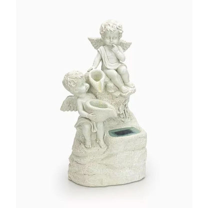 Solar Cherub Fountain Garden Ornament Stone Effect LED Statue 36cm