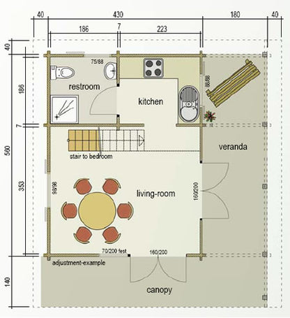 70mm Leisure Log Cabin with extensive accomodation 4.3mx5.6m