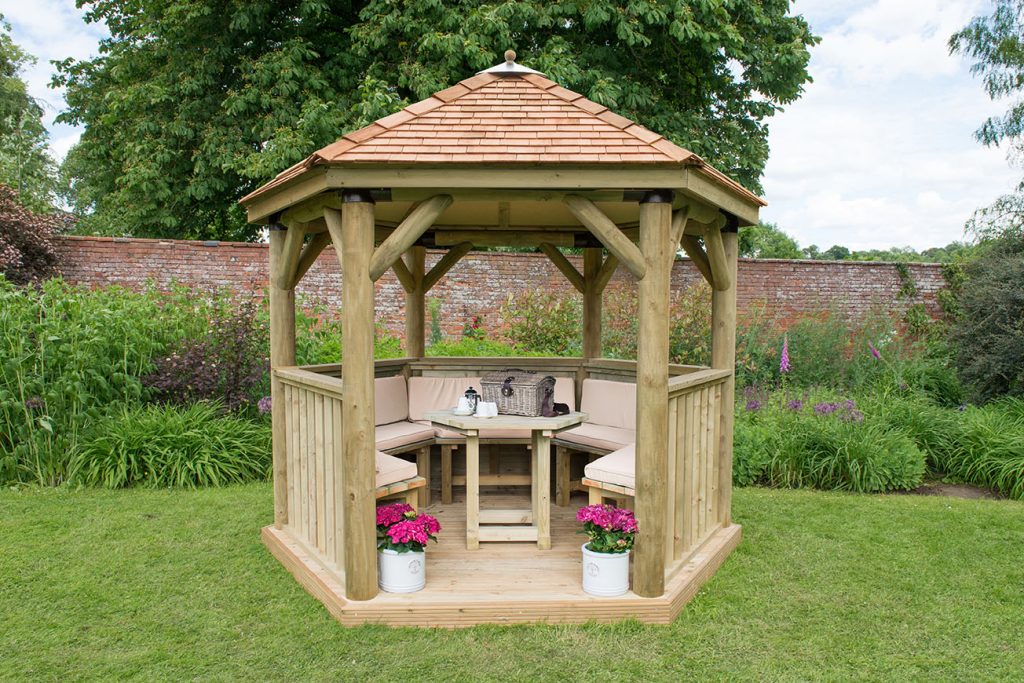 3m Premium Hexagonal Wooden Garden Gazebo with Cedar Roof – Furnished