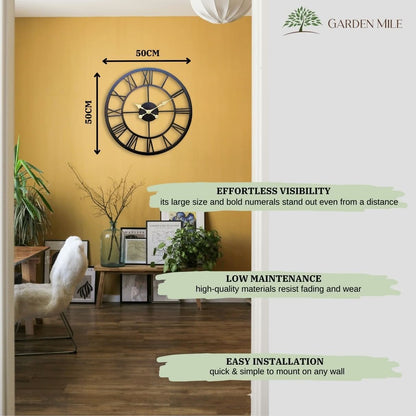 50cm Black Garden Wall Clock Waterproof Roman Numeral Design