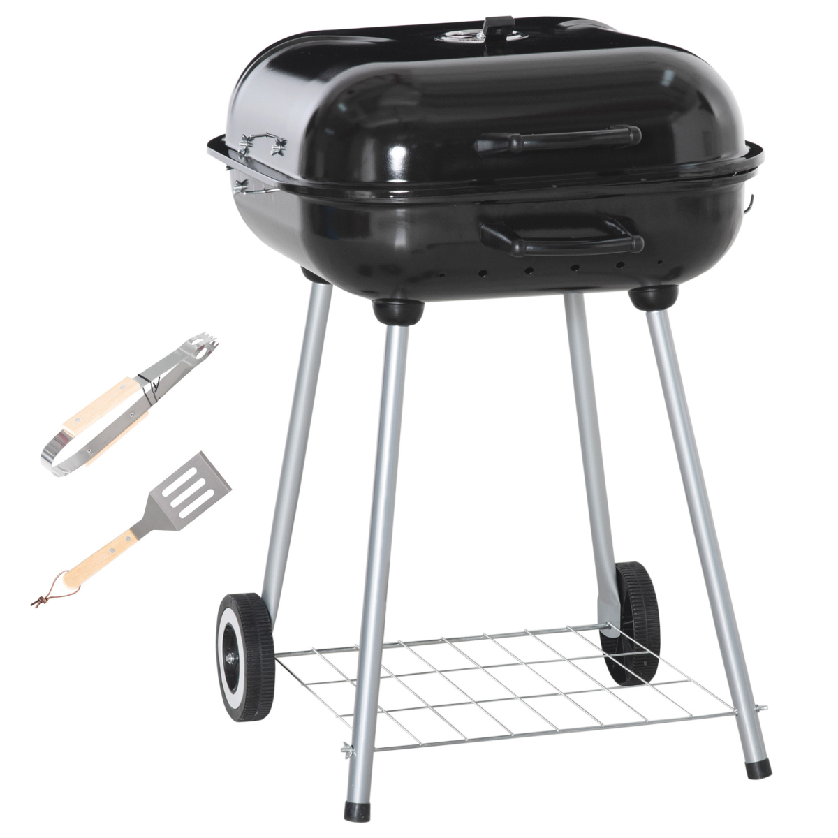 Outsunny BBQ Charcoal Smoker Grill Trolley with 2 Wheels and Grilling Utensils