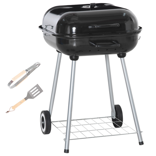 Outsunny BBQ Charcoal Smoker Grill Trolley with 2 Wheels and Grilling Utensils