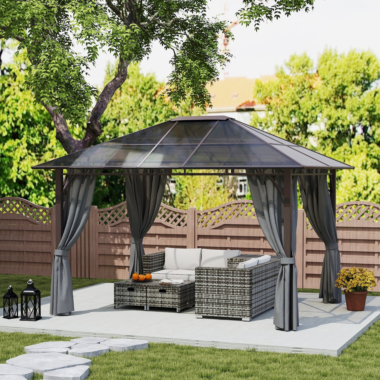 Outsunny 3.6x3(m) Hardtop Gazebo Garden Pavilion w/ Polycarbonate Roof, Grey