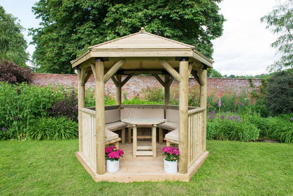 3m Premium Hexagonal Wooden Garden Gazebo with Timber Roof – Furnished