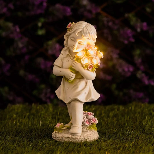Solar Fairy Ornament Light Garden Decoration Stone Effect Girl Flowers Lighting - Taylors Garden Buildings (view 1)