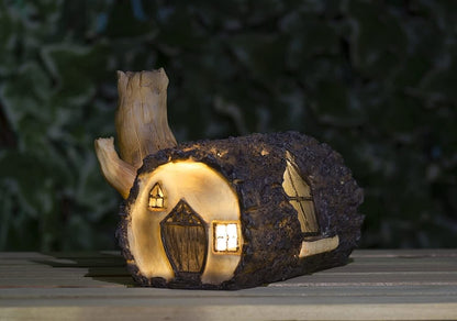 Solar Fairy House Garden Ornament Wooden Log Effect Light Up LED Home